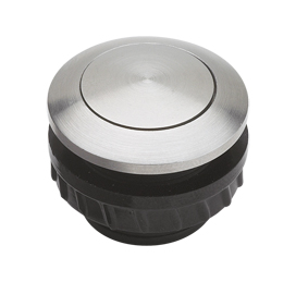 Runder Klingeltaster mit gebürsteter Edelstahl-Oberfläche und schwarzem Montagering, Ansicht von schräg oben