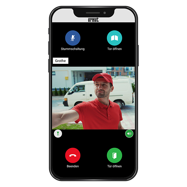 Smartphone-Display mit geöffneter CallMe-App, in der der klingelnde Essens-Lieferant vor der Tür zu sehen ist