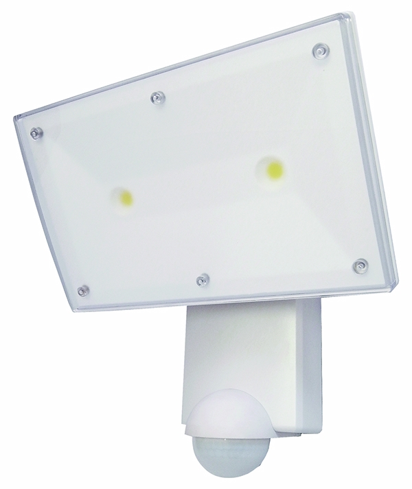 Weißer, eckiger LED-Flutlicht-Bewegungsmelder mit Wandhalterung
