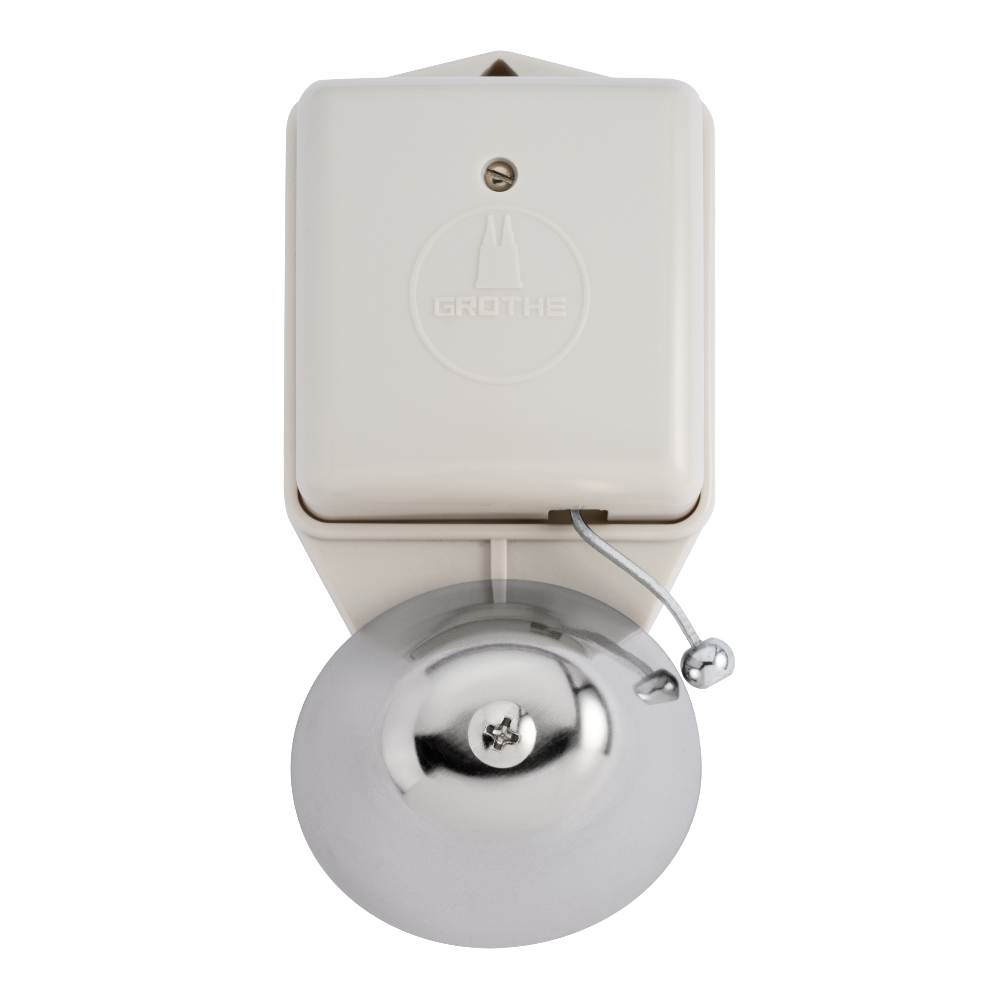 Kleinläutewerk mit weißem Gehäuse und glänzender Schalmai-Glocke aus Metall, frontal mit sichtbarem Klöppelarm aufgenommen