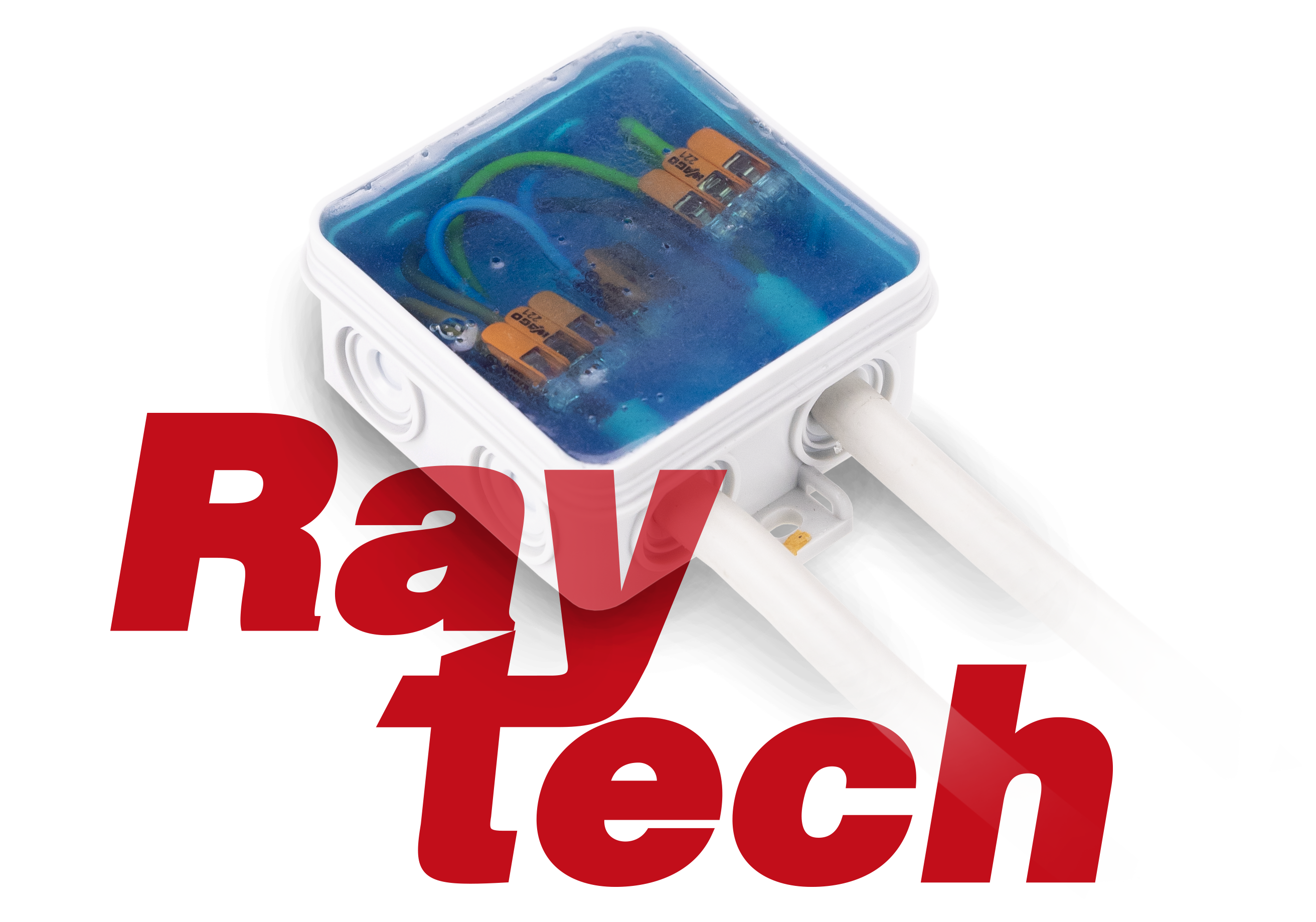 Mit Gel gefüllte Verbindungsmuffe; darüber liegt das Raytech-Logo