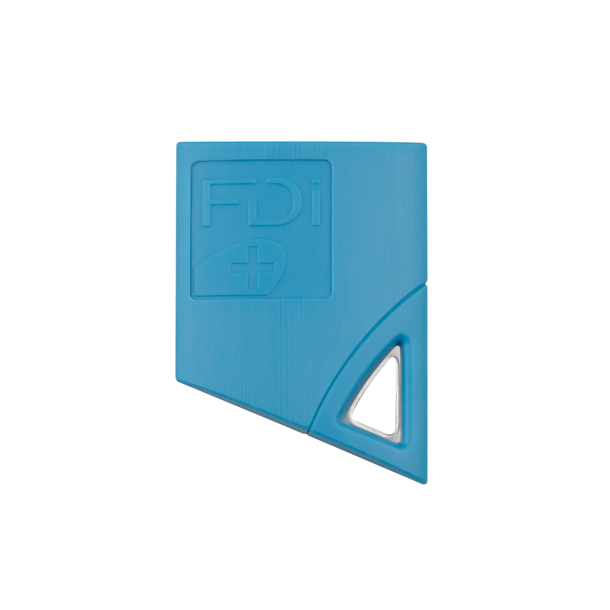 Hellblauer FDI-Näherungsschlüssel in kompakter, abgeschrägter Form mit eingeprägtem Logo und kleiner silberner Metallöse.