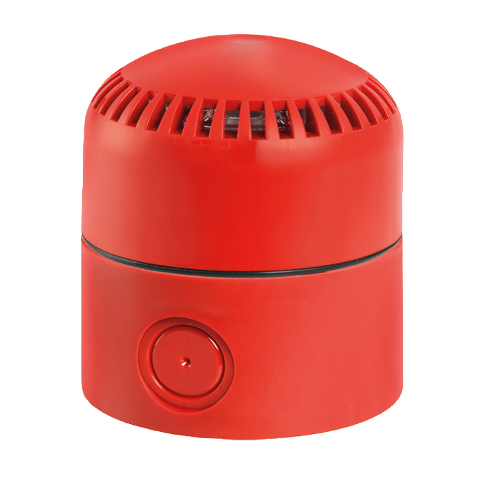 Roter elektronische Sirene mit Öffnungsschlitzen am oberen Gehäuse und runder ausschneidbarer M20-Verschraubung vorne