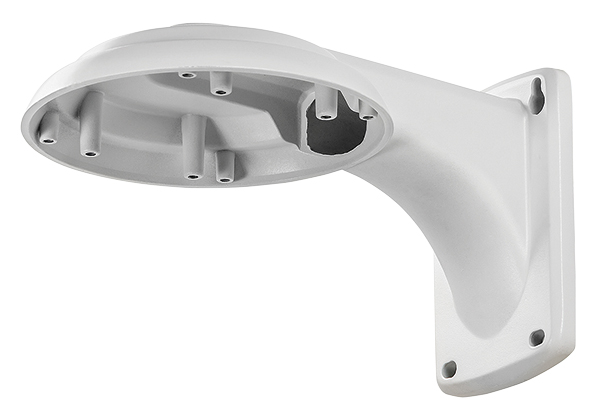 Weiße Wandhalterung mit gebogenem Arm und rundem Montagebereich zur Befestigung einer Überwachungskamera an der Wand.
