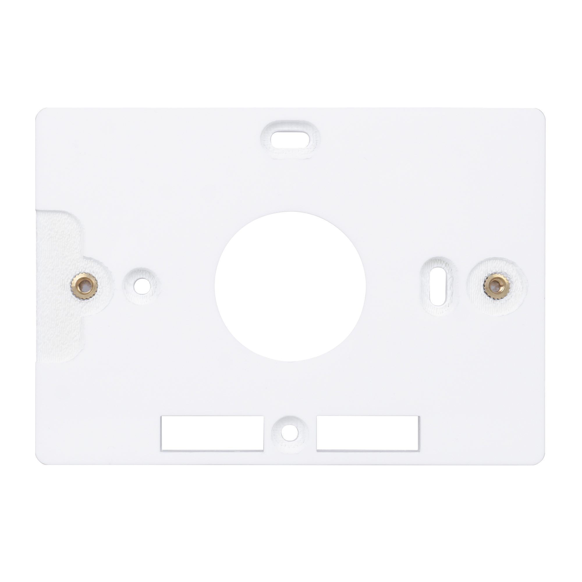 Rechteckiger weißer Montageadapter mit runder mittlerer Öffnung, zwei Metallgewinden und weiteren Montageaussparungen.