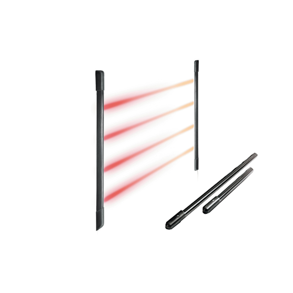 Schlanke, schwarze Lichtschranke mit zwei gegenüberliegenden Sensorleisten, die unsichtbare Lichtstrahlen zur Durchgangsüberwachung senden.