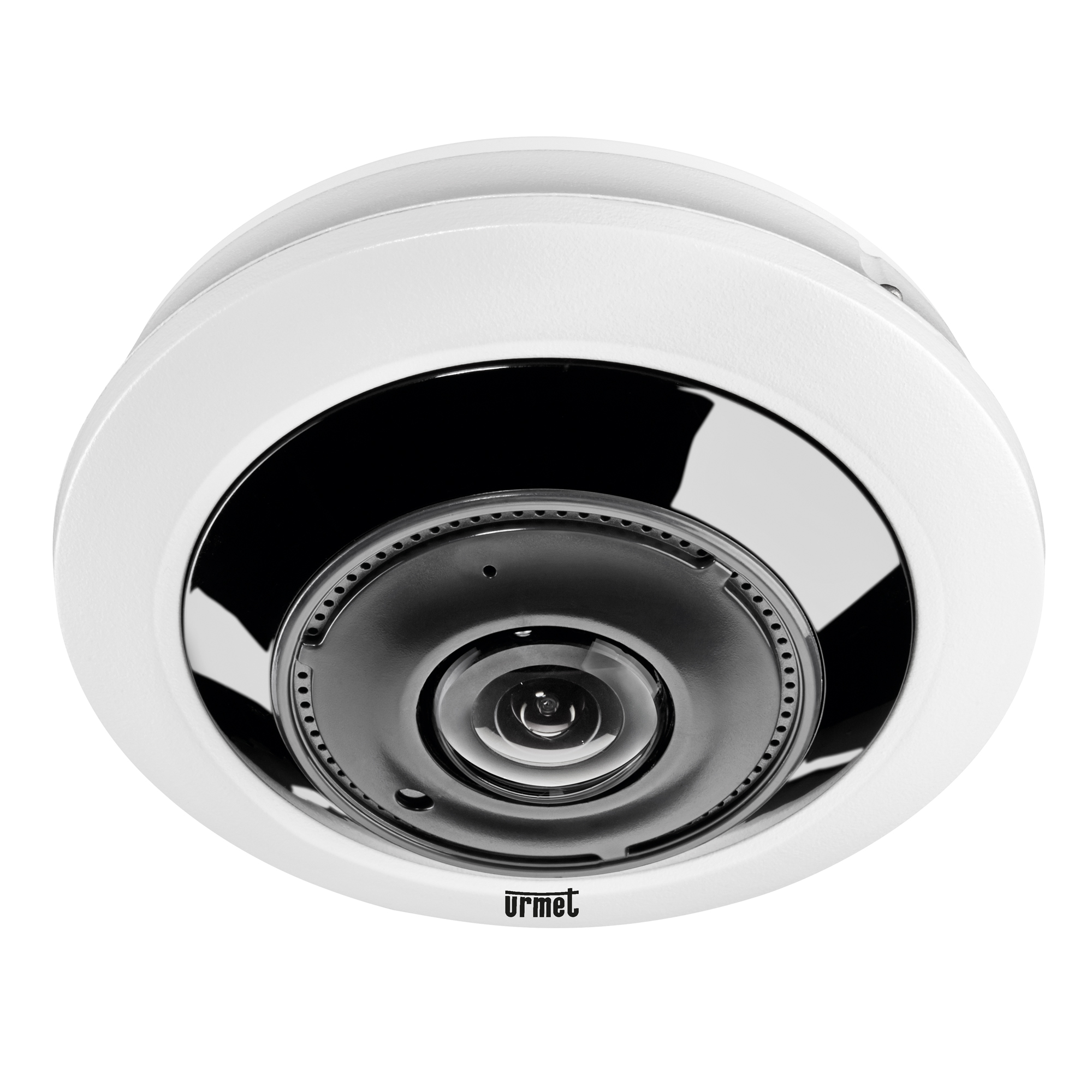 Fisheye-Kamera mit glänzender schwarzer Front und zentraler Linse, frontal von unten fotografiert