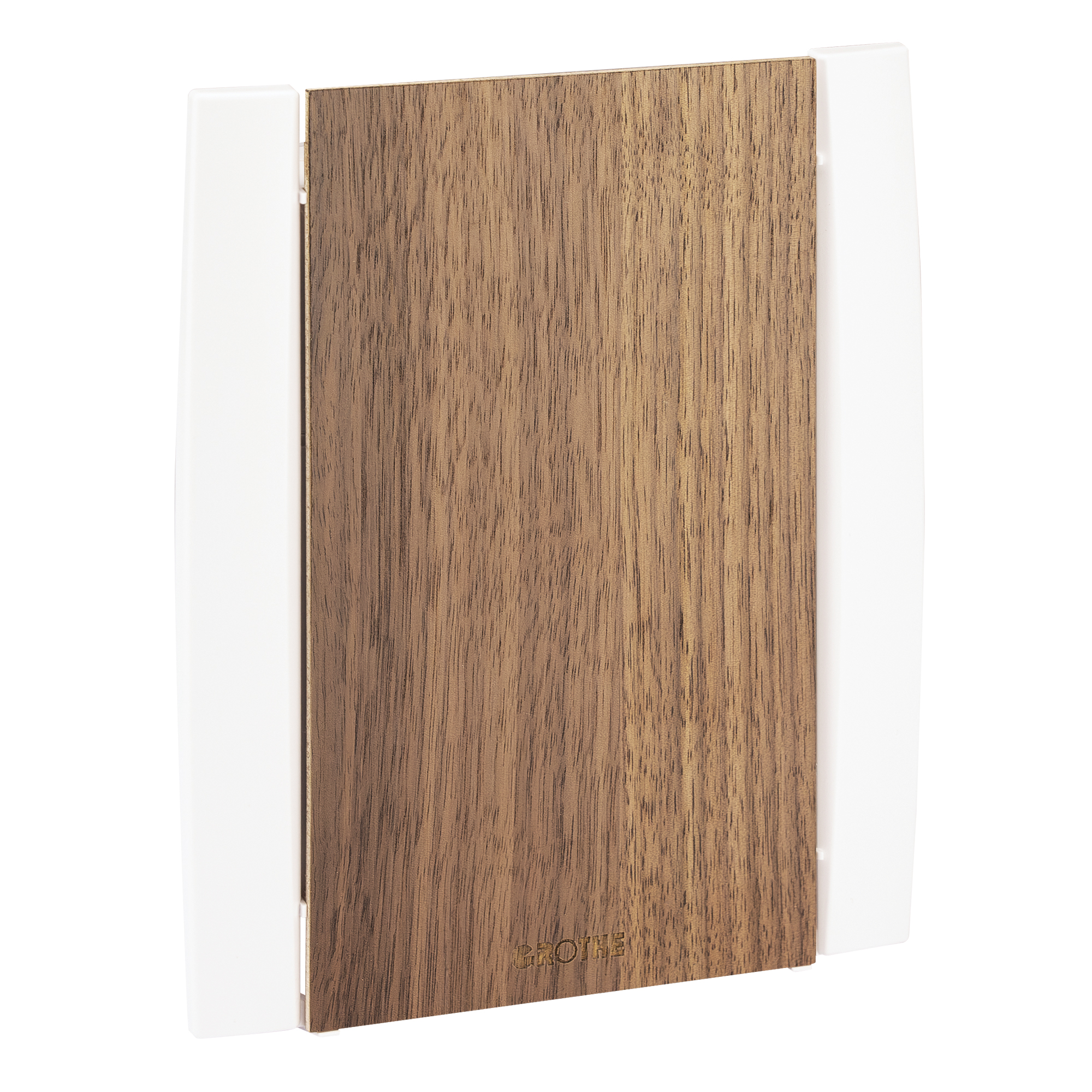 Elektronischer Gong mit glatter Echtholzfurnier-Front in Walnussholzoptik, seitlichen weißen Elementen und Grothe-Logo.