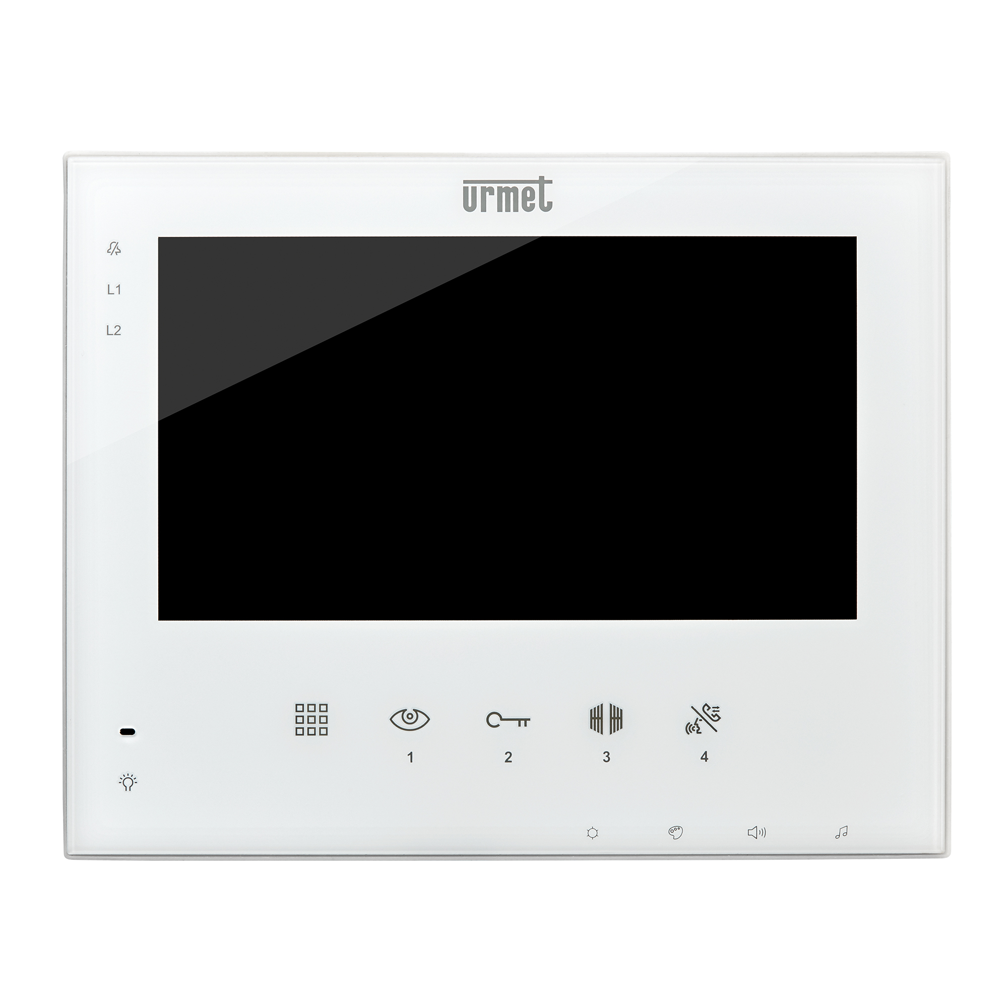 Weißer Videomonitor mit großem Display, Softtouch-Tasten und Urmet-Logo, frontal fotografiert.