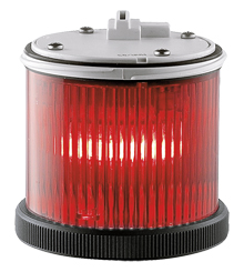 Zylindrische Warnleuchte mit geriffelter rotfarbiger Abdeckung, schwarzem Sockel und grauem Anschlussgehäuse