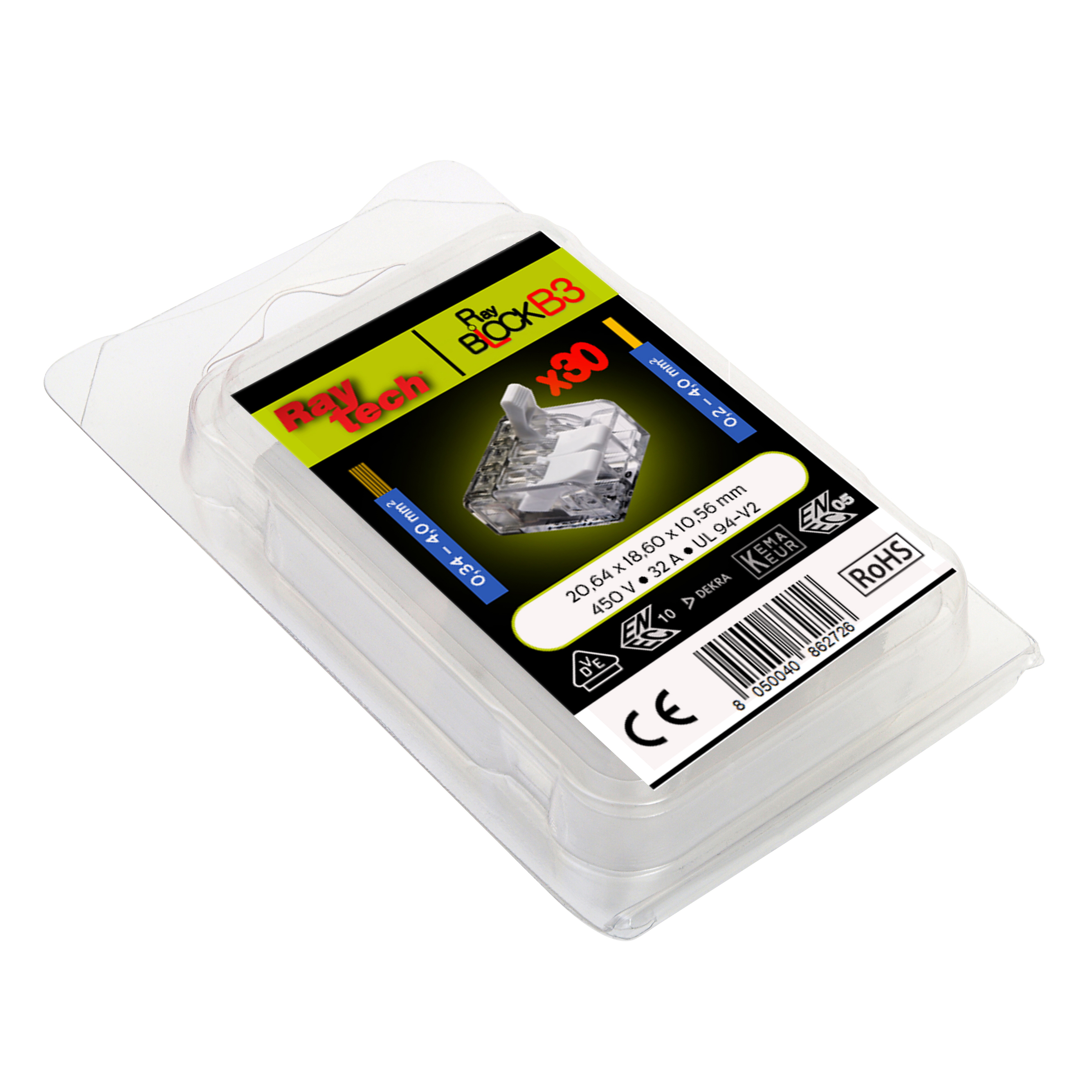 Hebelklemme für 3 Einzeladern, transparente Box