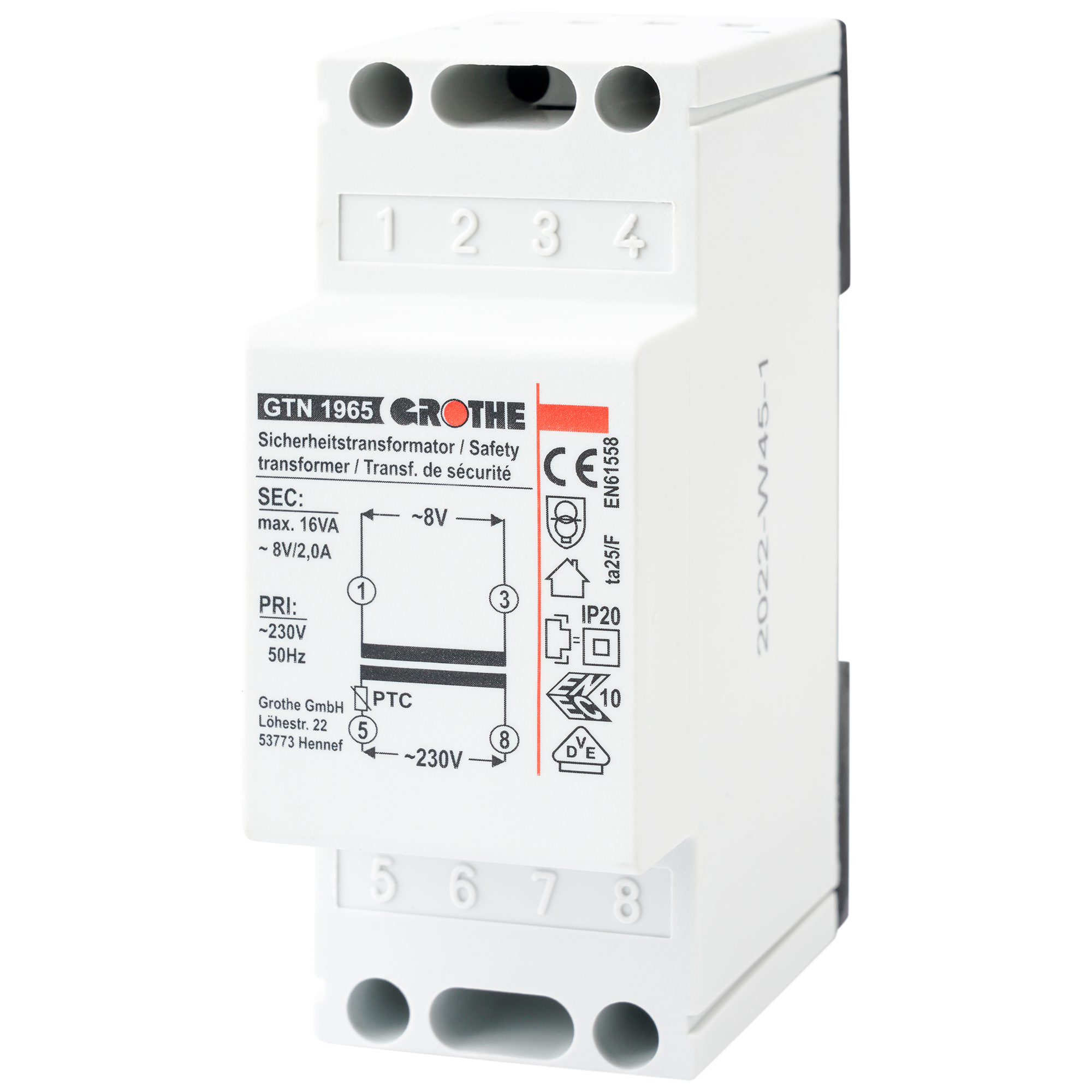 Sicherheitstransformator GTN 1965 von Grothe im Hutschienengehäuse mit Anschlussklemmen und Schaltbild in Schrägansicht
