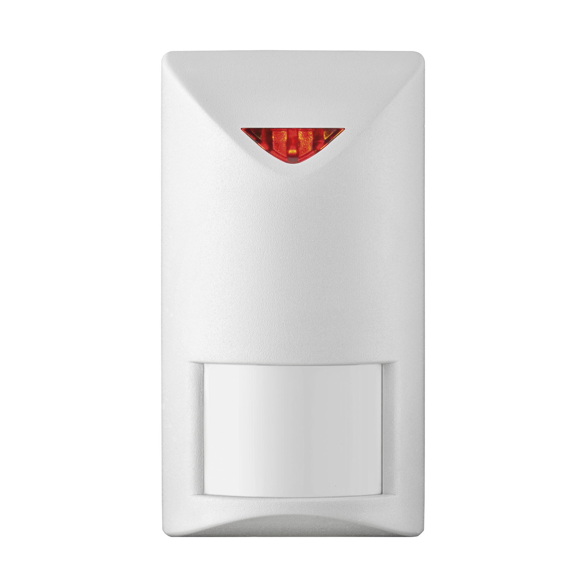 Weißer Bewegungsmelder mit roter LED-Anzeige oben und rechteckigem Sensorfeld unten.