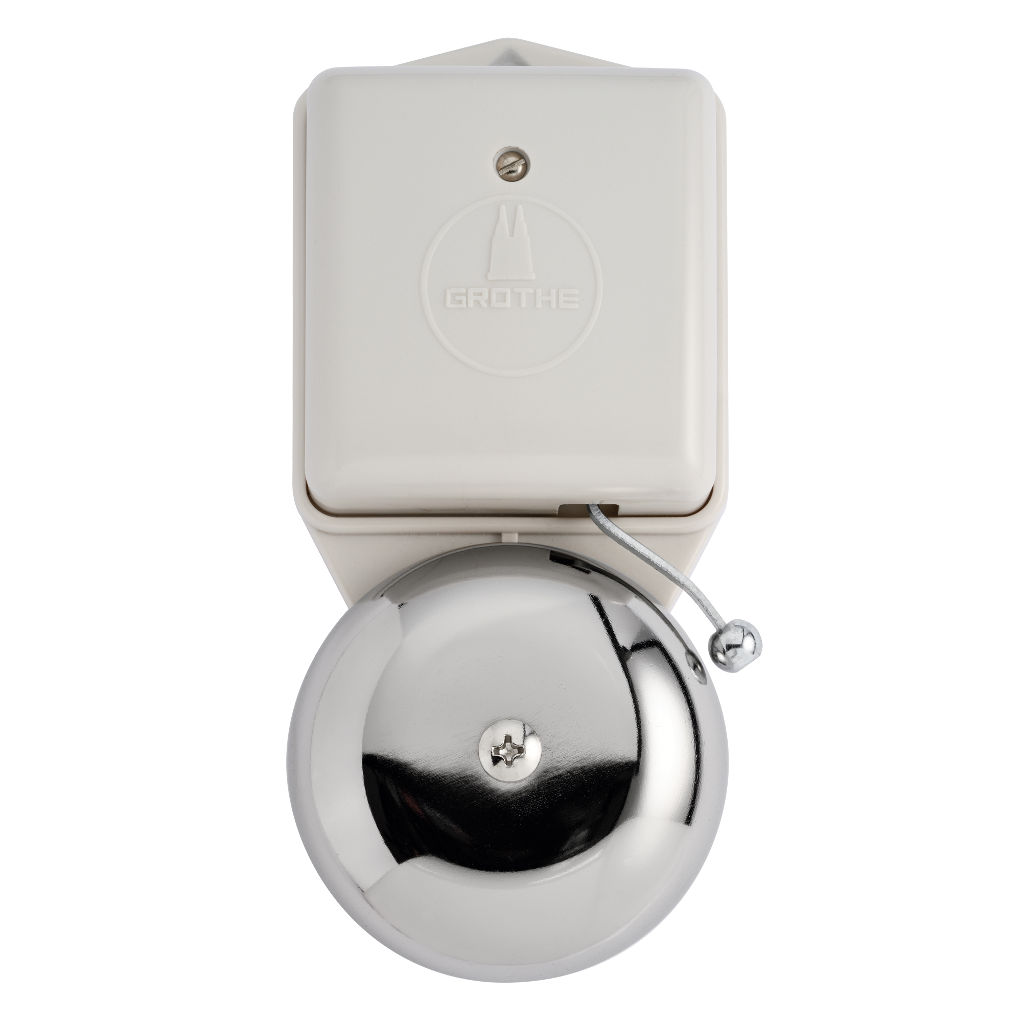 Kleinläutewerk mit weißem Gehäuse, verchromter Glocke und seitlich montiertem Klöppelarm, frontal aufgenommen