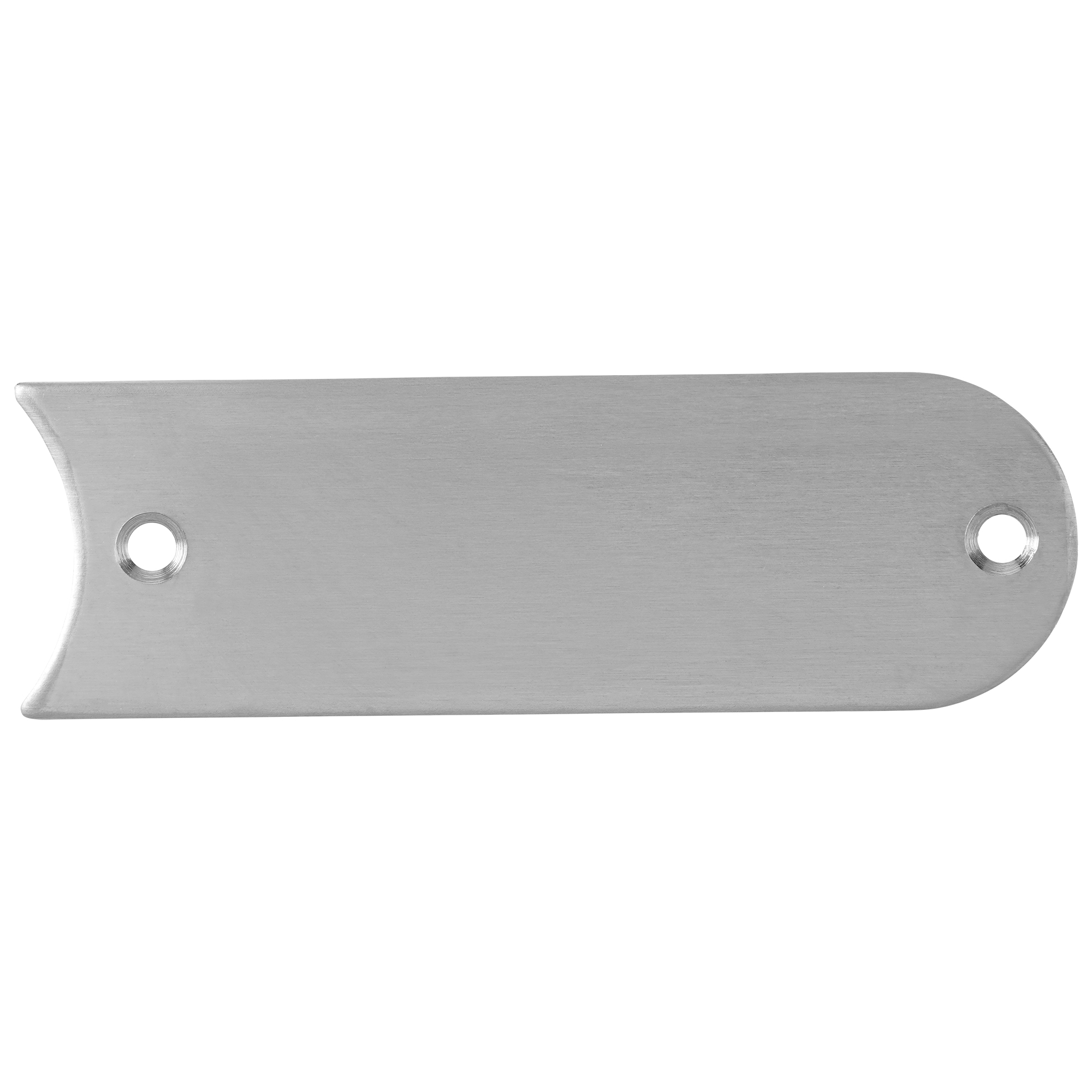 Edelstahl-Gravierschild mit zwei kleinen Schraublöchern, rechts konvex abgerundet, links konkav abgerundet