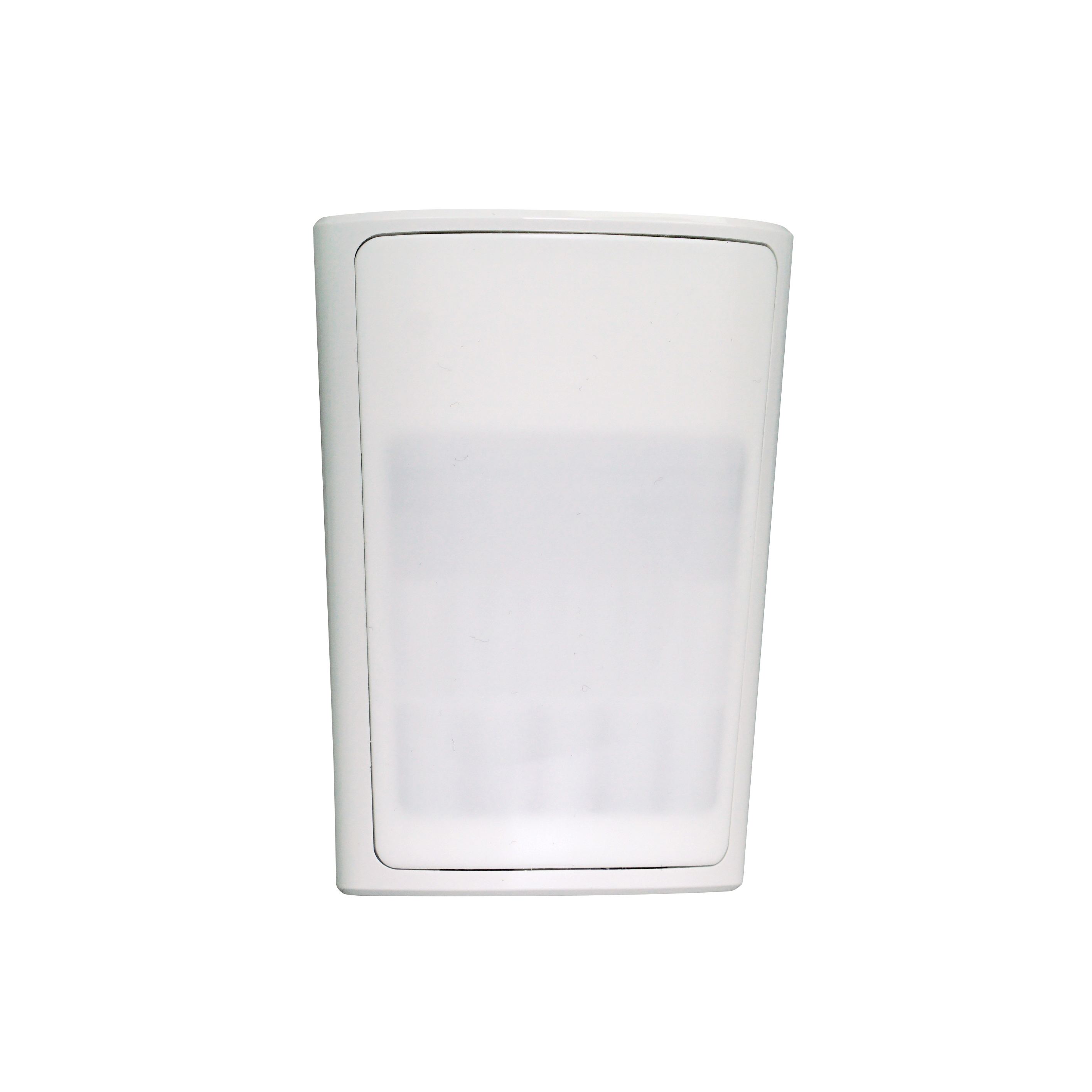 Weißer Funkbewegungsmelder mit leicht gewölbter Front und großflächigem Sensorfenster zur Raumüberwachung.