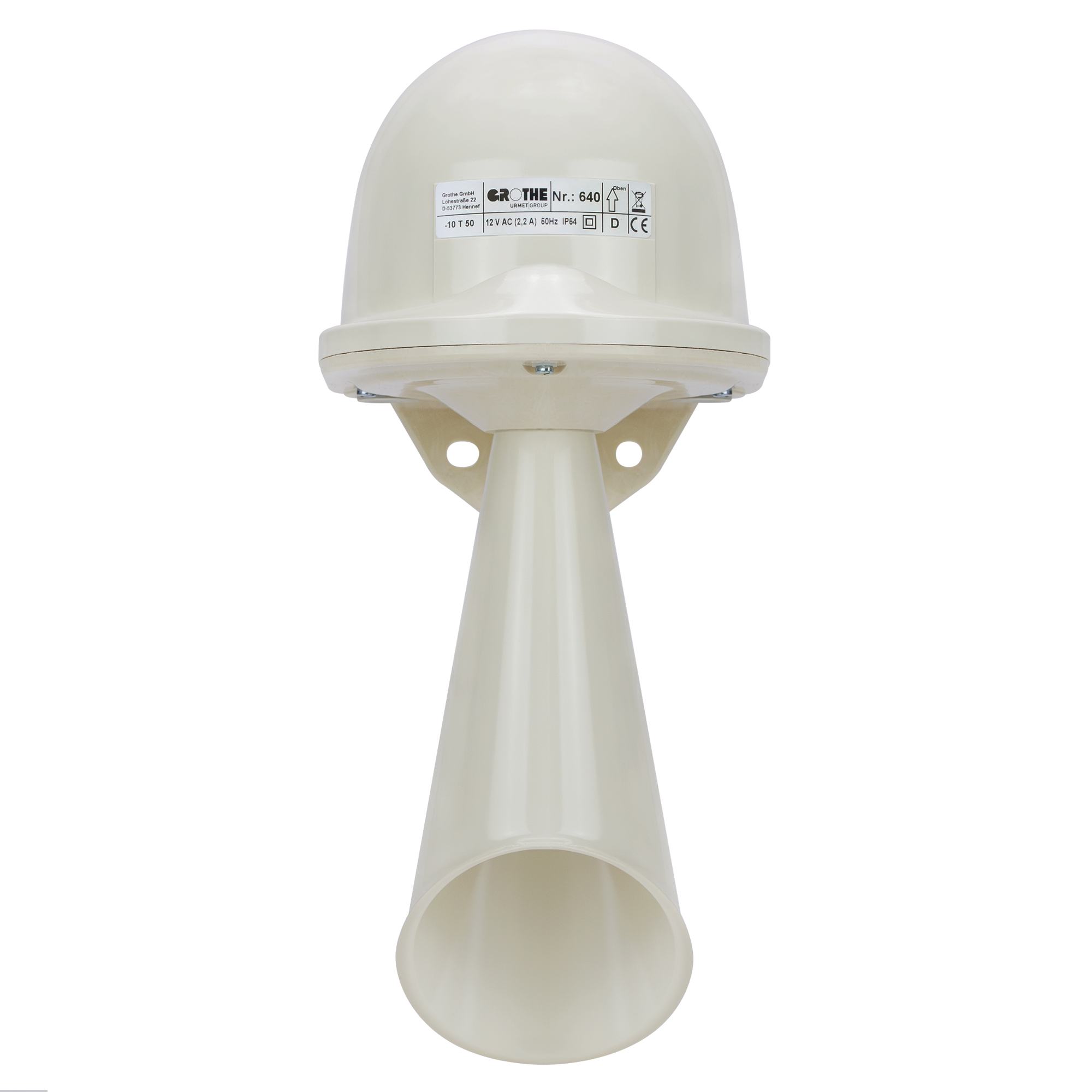 Groß-Hupe in hellem Kunststoffgehäuse mit Schalltrichter und Typenschild, frontal aufgenommen