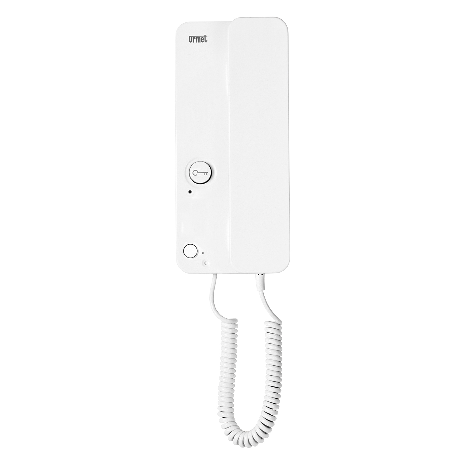 Weißes Urmet Haustelefon mit Hörer, runder Türöffnertaste mit Schlüsselsymbol, zusätzlicher Funktionstaste und Spiralkabel.