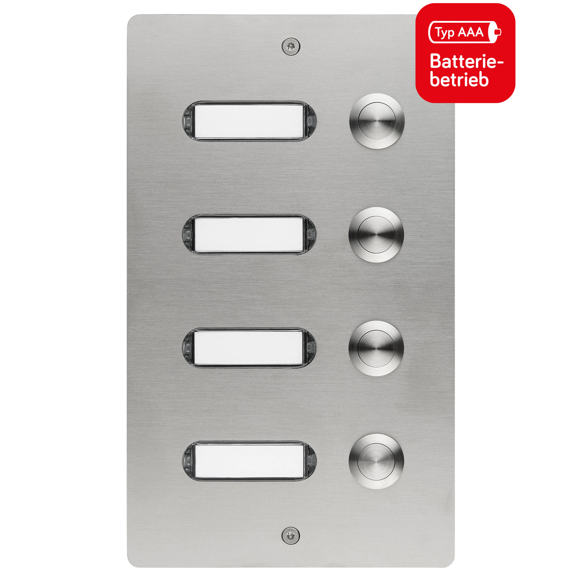 Edelstahlplatte mit vier Namensschildern links und vier runden Tastern rechts, symmetrisch angeordnet.