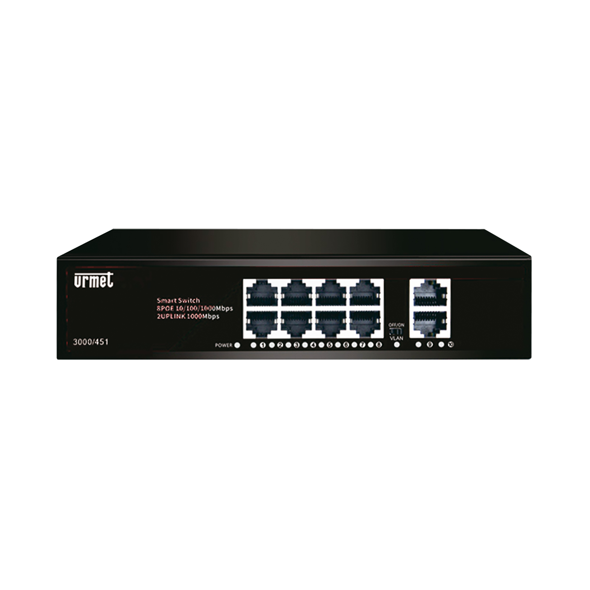 PoE-Switch mit 8 Ethernet-Ports und 2 Uplink-Ports, schwarz, Vorderansicht mit LED-Anzeigen