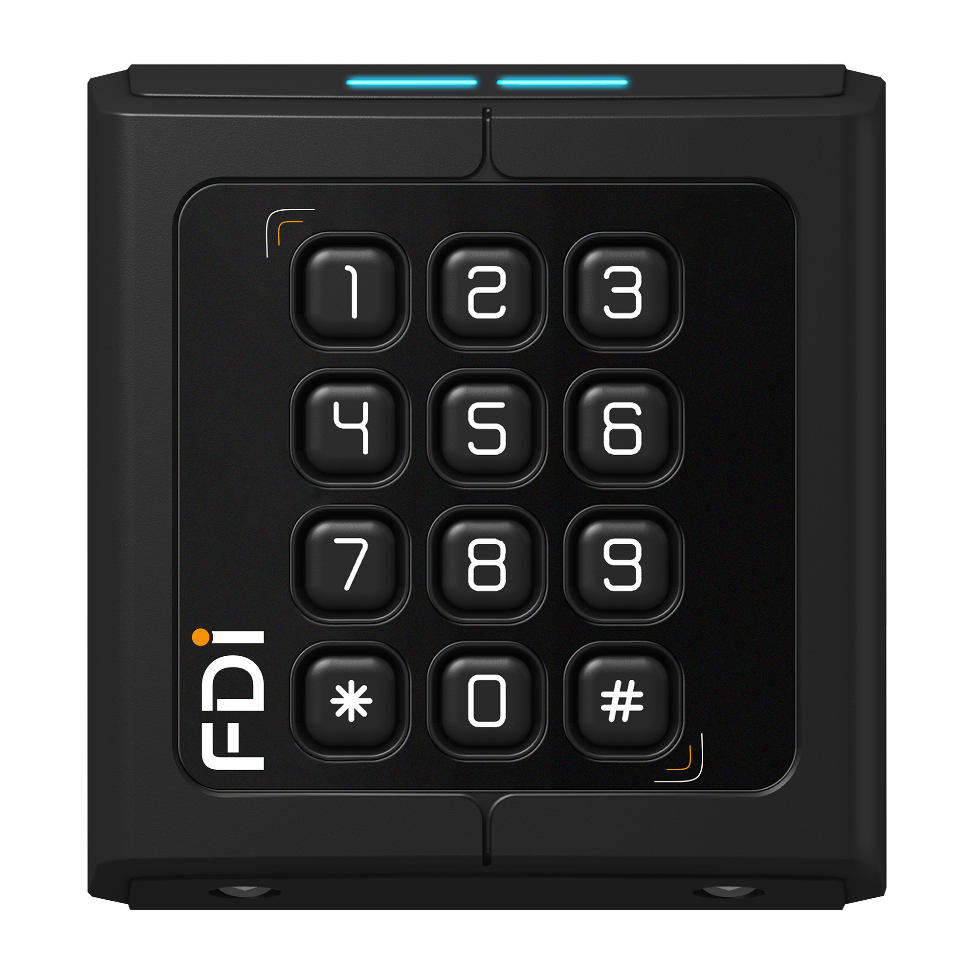 Schwarzes quadratisches Lesegerät mit FDI-Logo, beleuchtetem Tastenfeld 0 – 9, , # und blauer LED-Anzeige am oberen Rand.