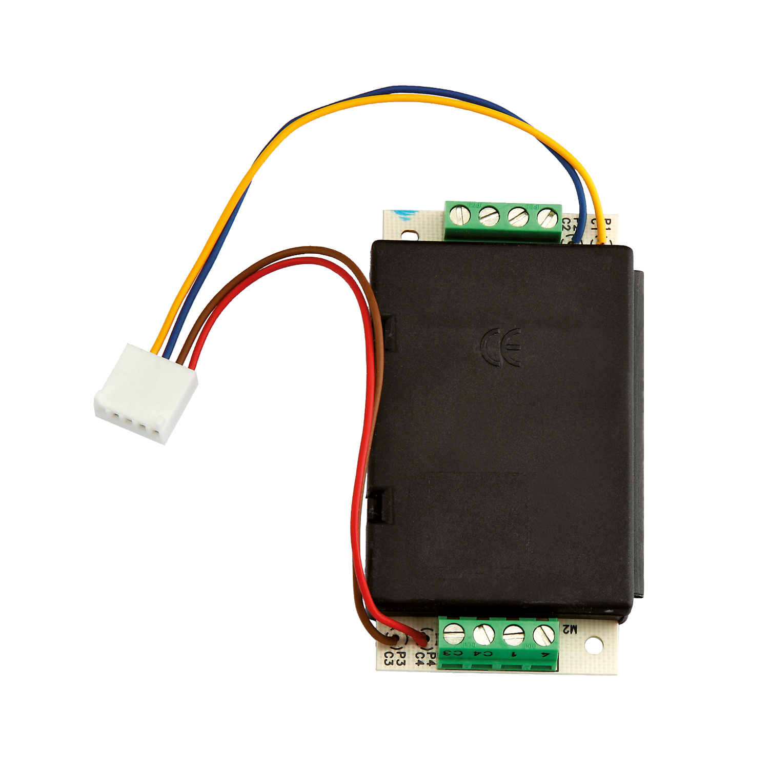 Mithörsperre mit schwarzem Gehäuse, farbigen Anschlusskabeln und grünem Klemmenblock, Draufsicht.