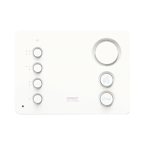 Weiße Urmet Bedieneinheit mit großem Lautstärkeregler, vier runden Seitentasten und drei Funktionstasten mit Symbolen.