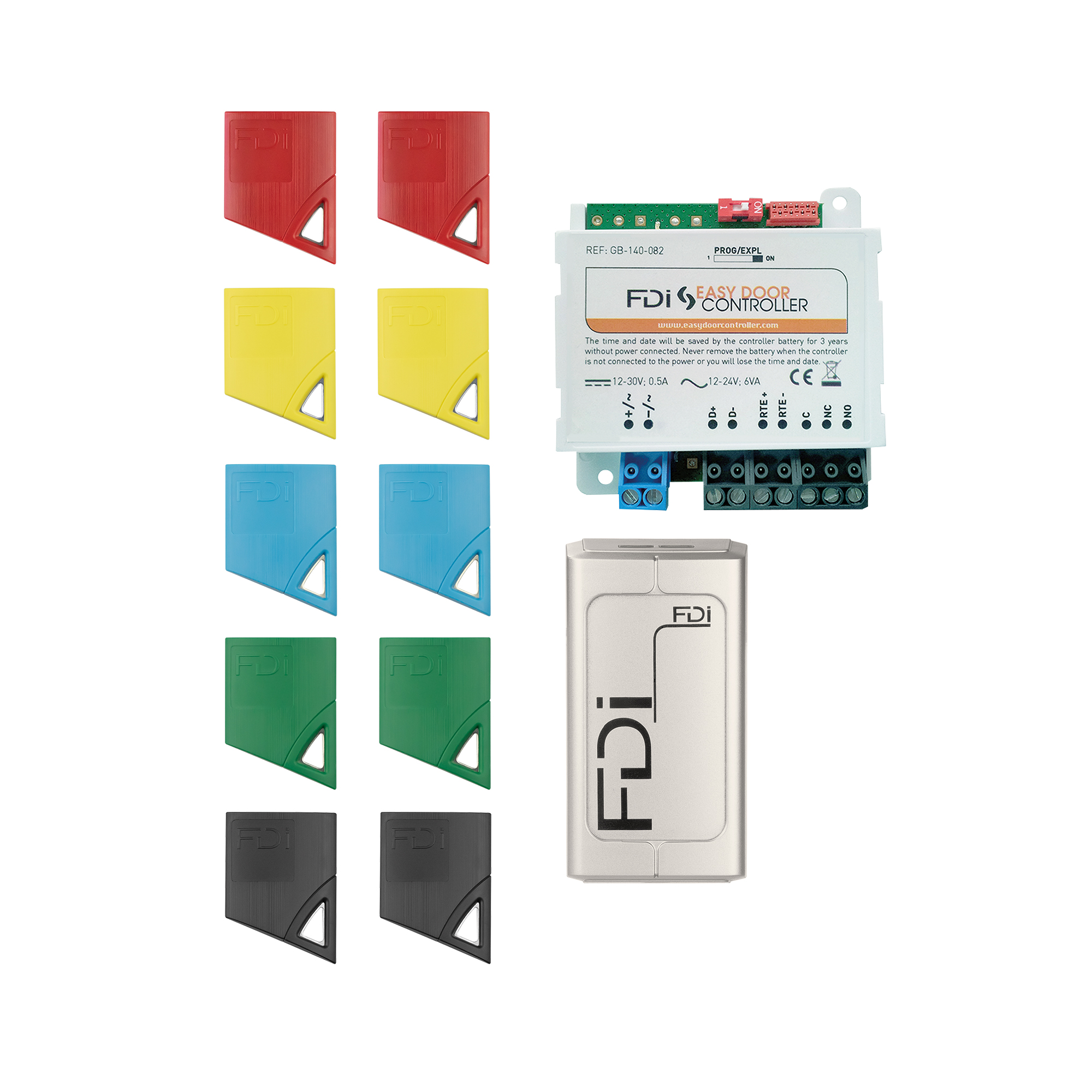 Set mit FDI Easy Door Controller, silbernem Lesegerät und zehn farbigen Näherungsschlüsseln in fünf verschiedenen Farben.