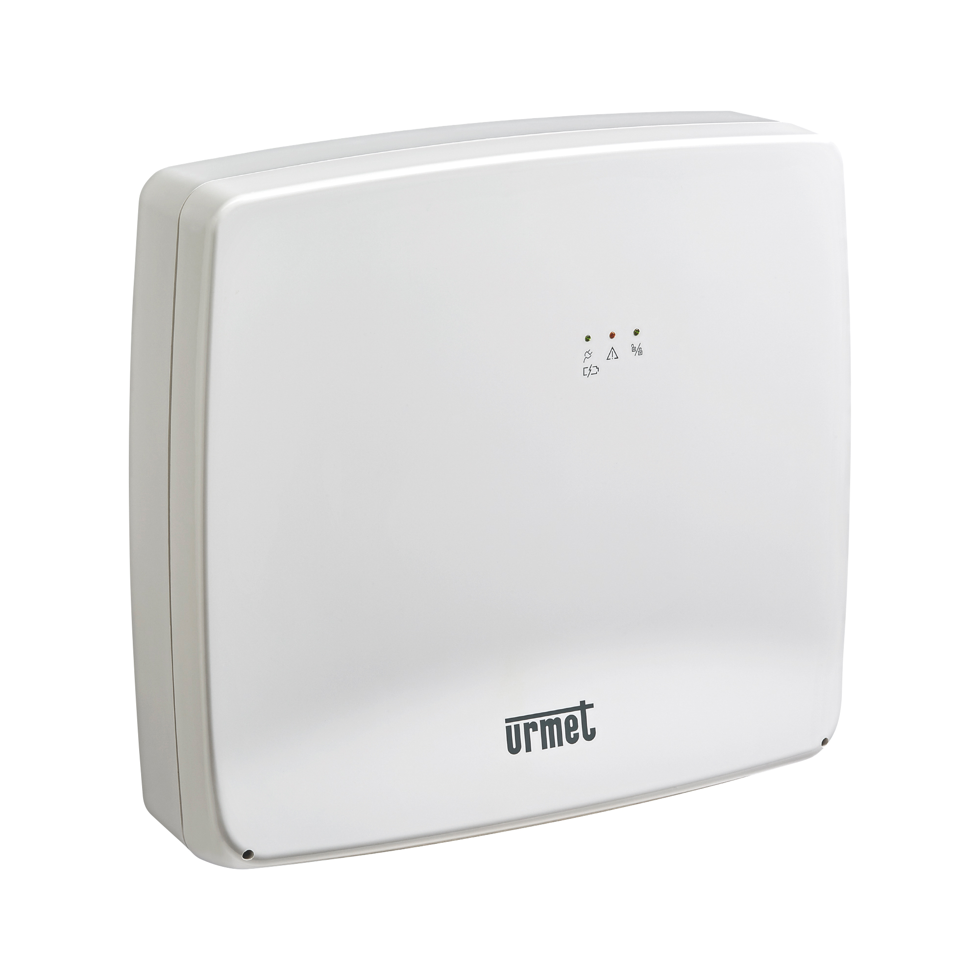 Weiße, drahtgebundene Alarmzentrale von Urmet mit drei Status-LEDs auf der Vorderseite zur Systemanzeige.