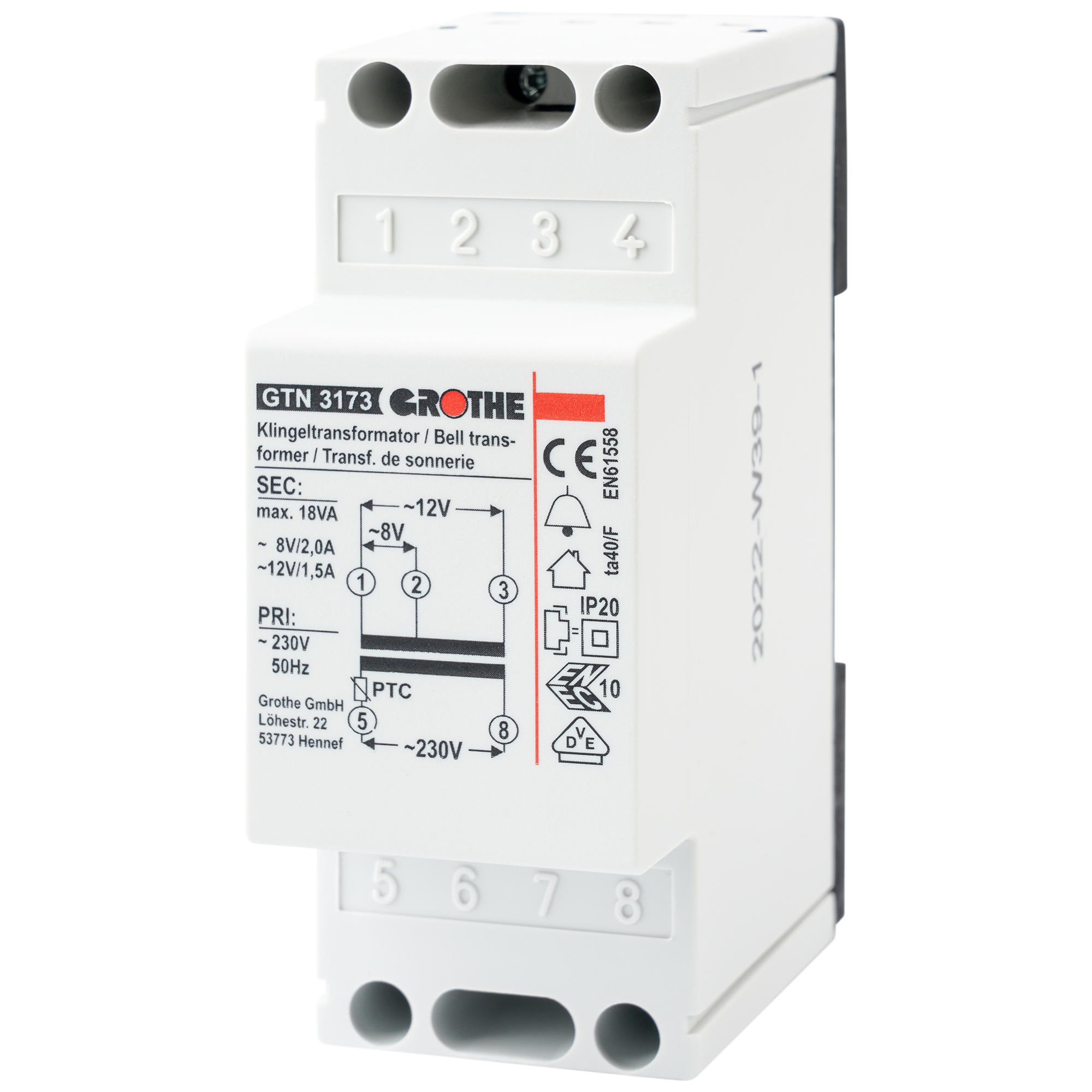 Sicherheitstransformator GTN 3173 von Grothe im Hutschienengehäuse mit Anschlussklemmen und Schaltbild in Schrägansicht