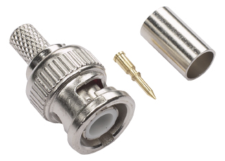 Dreiteiliges BNC-Steckerset bestehend aus Metallstecker, vergoldetem Innenkontakt und Crimphülse
