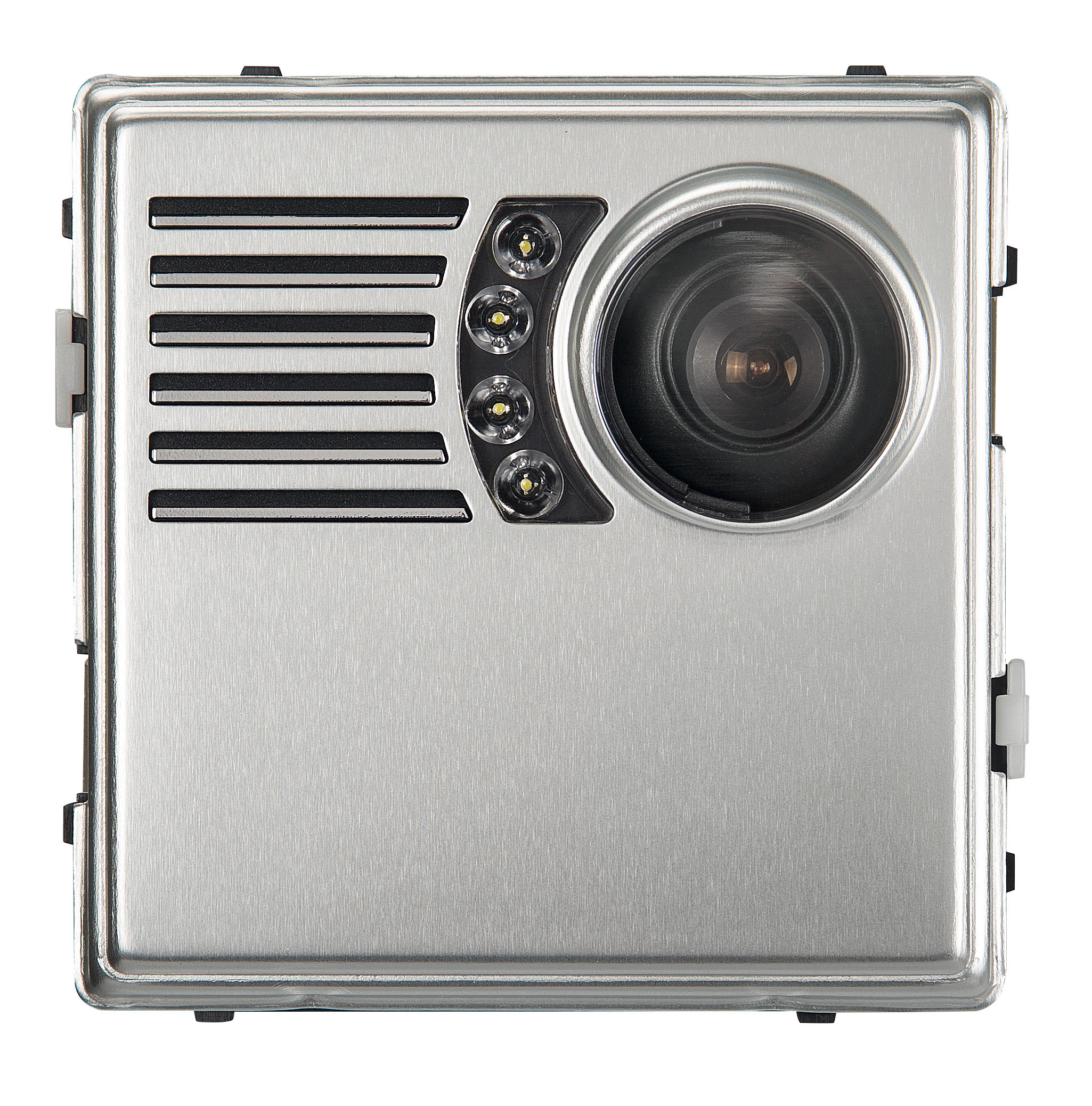 Quadratisches silbernes Kameramodul mit großer Linse rechts, vier IR-LEDs daneben und Lautsprecherschlitzen links.