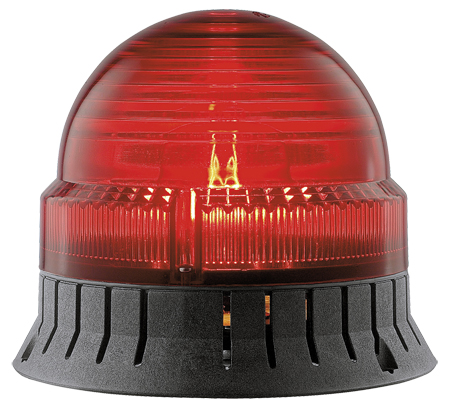 Kombi-Blitzleuchte mit glatter rotfarbiger Kuppel auf geriffeltem schwarzem Sockel
