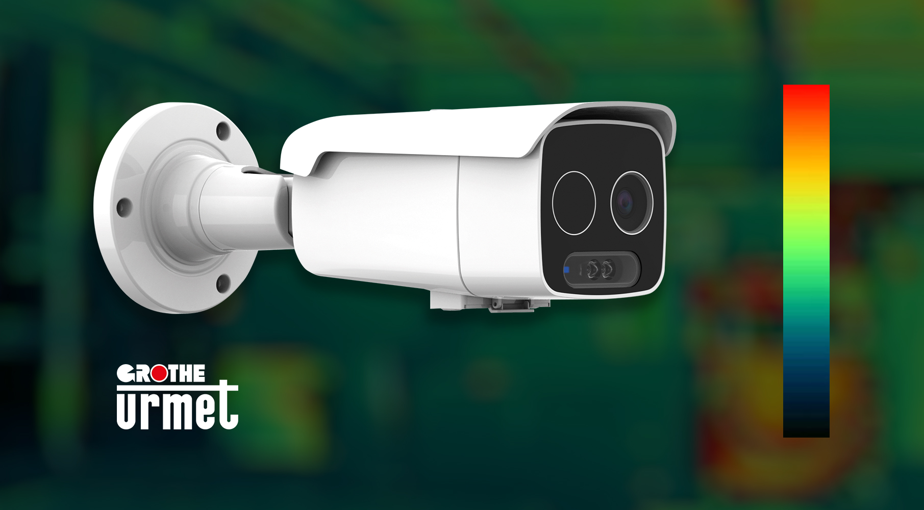 Thermal-Bulletkamera vor einem weichgezeichneten, grünen Hintergrund; daneben ist ein Streifen mit Farbabstufungen zu sehen