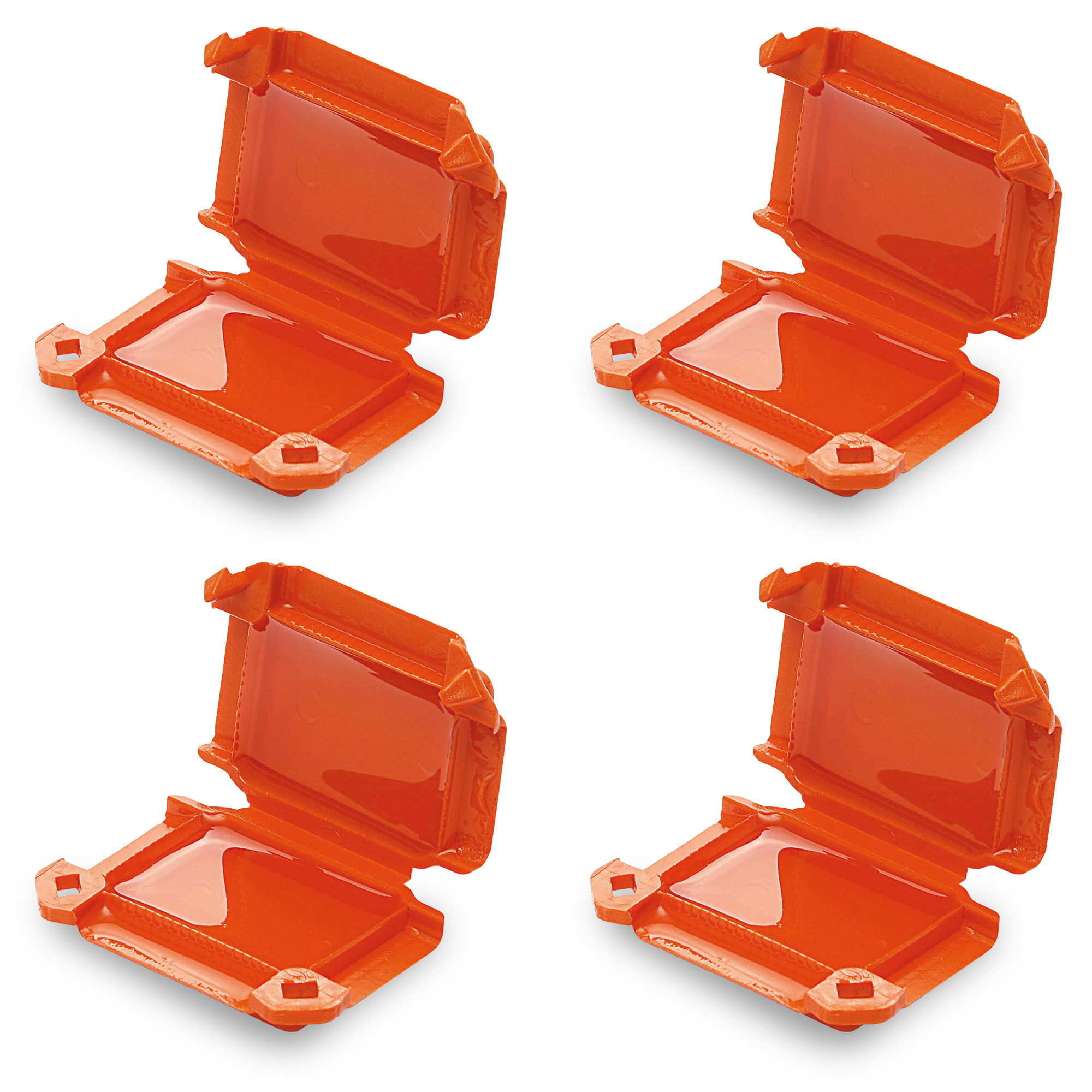 Vier orangefarbene Mikro-Verbindungsmuffen, mit Gel gefüllt, halb geöffnet