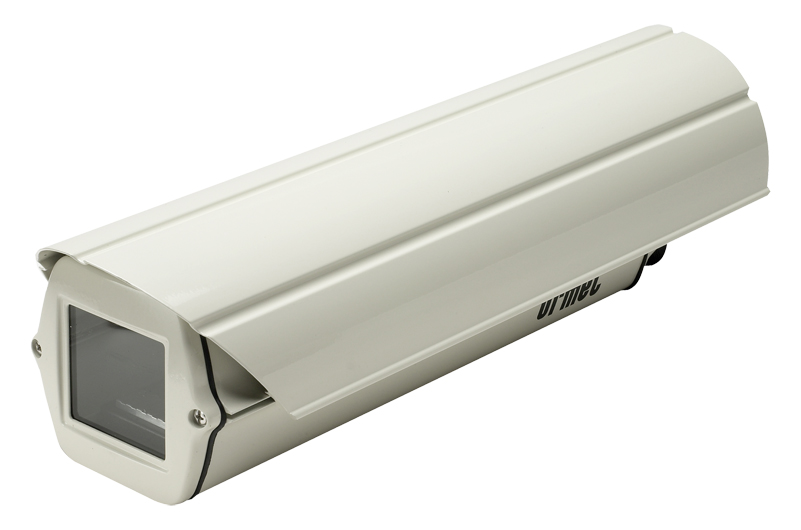 Weißes, längliches Außengehäuse für Bullet-Kameras mit Sichtfenster für die Kamera.