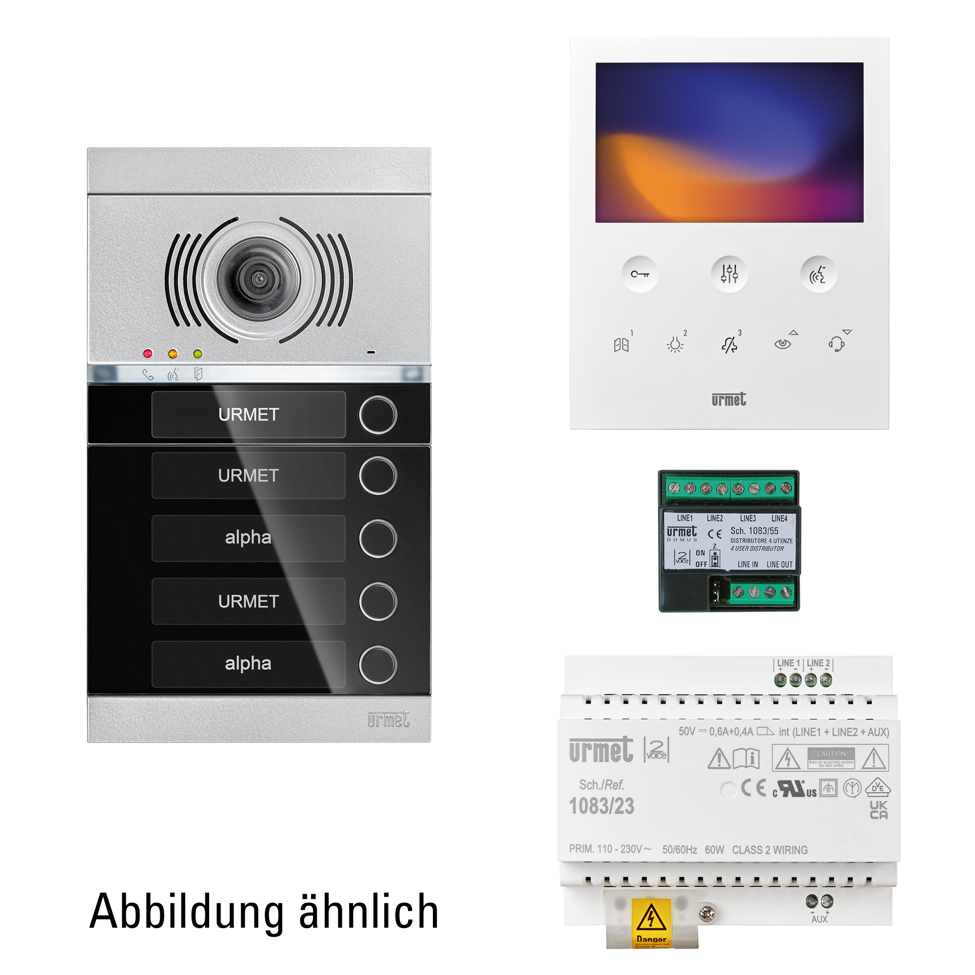 ALPHA Türstation mit Namensschilder und Klingelknöpfen; daneben sind der VOG 5 Videomonitor, ein Netzgerät sowie ein Videoverteiler zu sehen; darunter steht "Abbildung ähnlich"