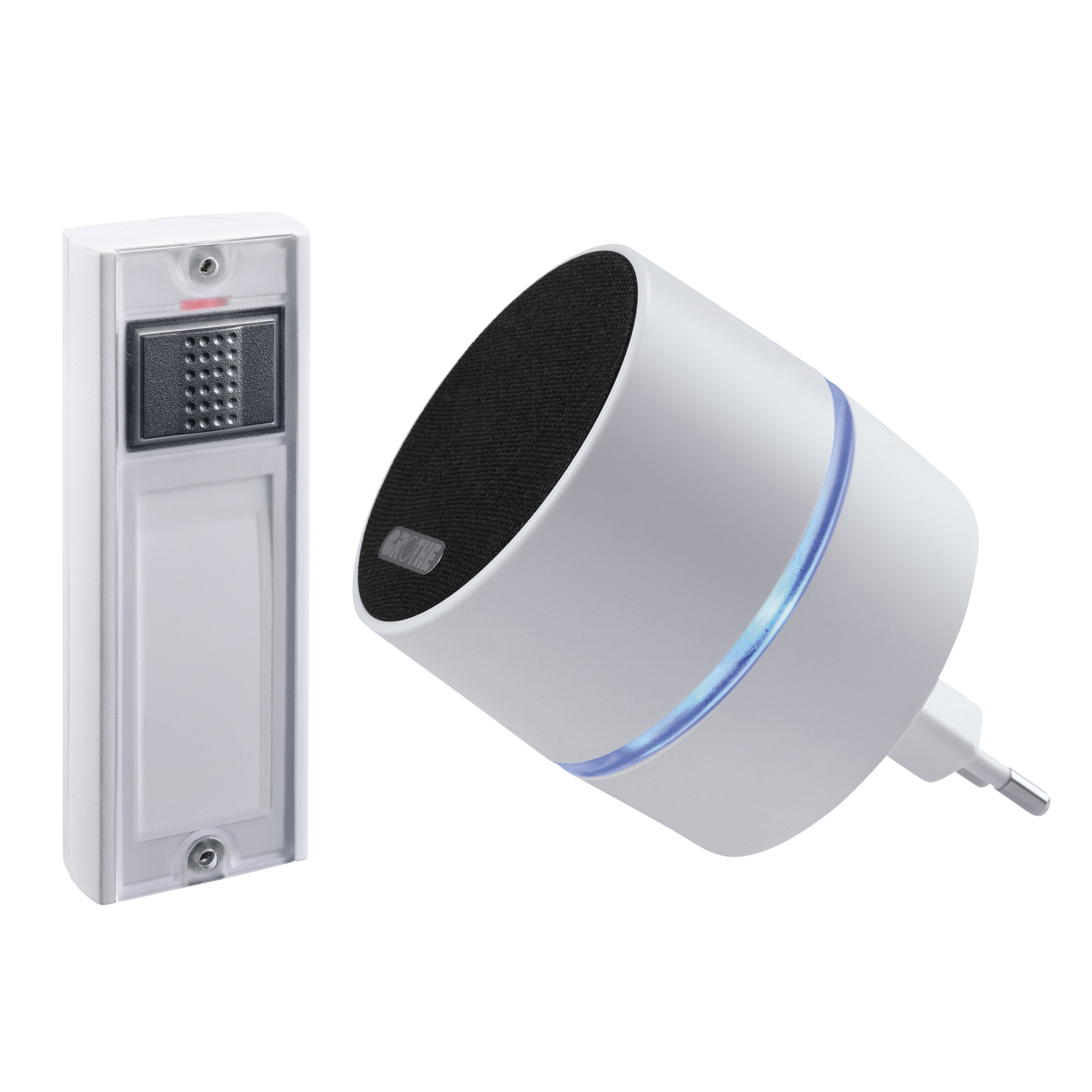 Weißes Funkgong-Set mit Plug-in-Gong und Klingeltaster, LED-Lichtring, schräg von vorn gezeigt, steckerfertig für die Steckdose.