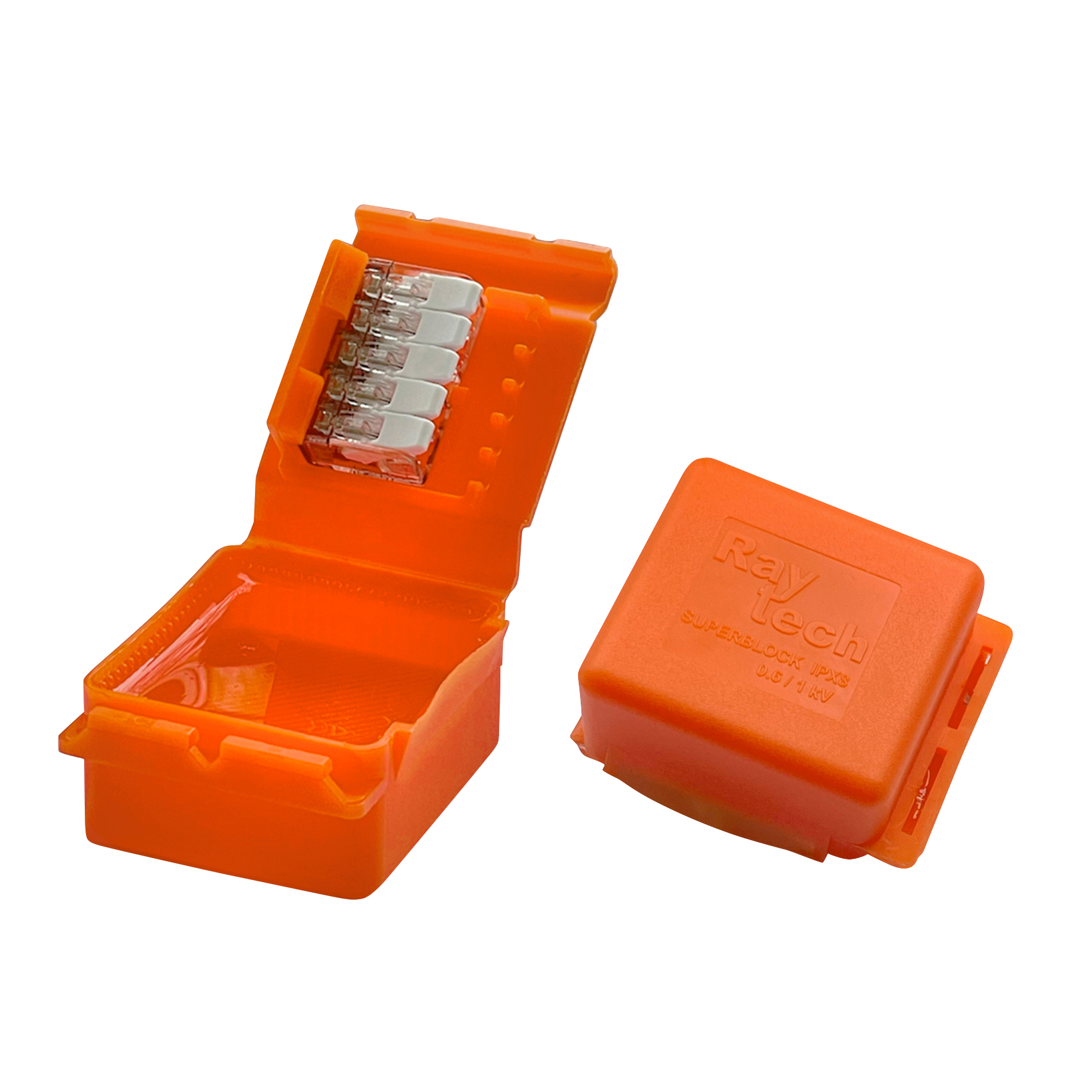 Orangefarbene Mikro-Verbindungsdose, gefüllt mit Gel, einmal geöffnet, einmal geschlossen abgebildet