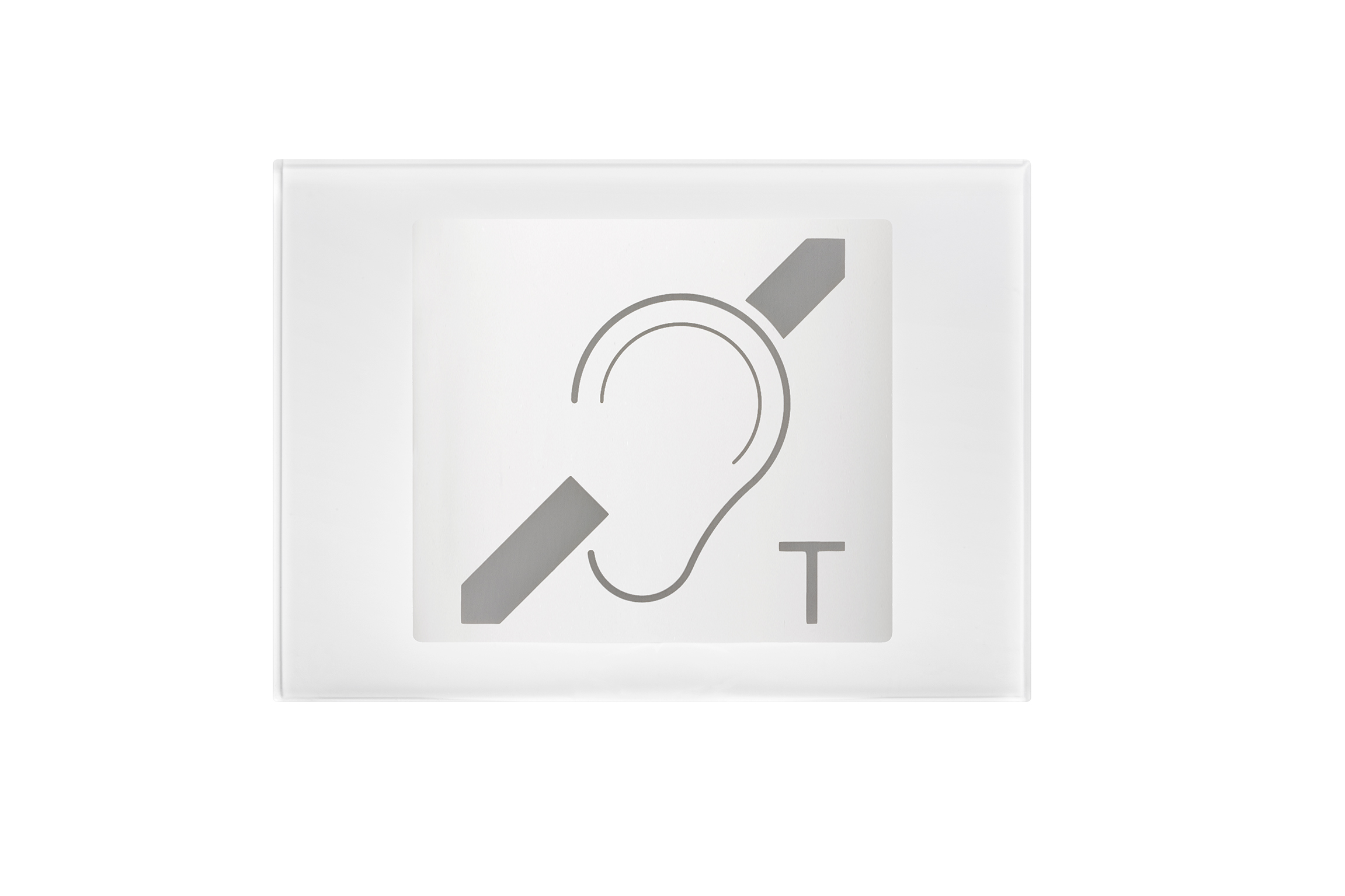 Weißes Modul mit weißem Symbol: durchgestrichenes Ohr mit T-Buchstaben, Hinweis auf Hörgeräte-Induktionsschleife.